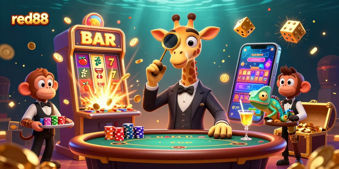 Win big at red88 with a lively scene featuring a high-roller giraffe and dynamic casino elements.