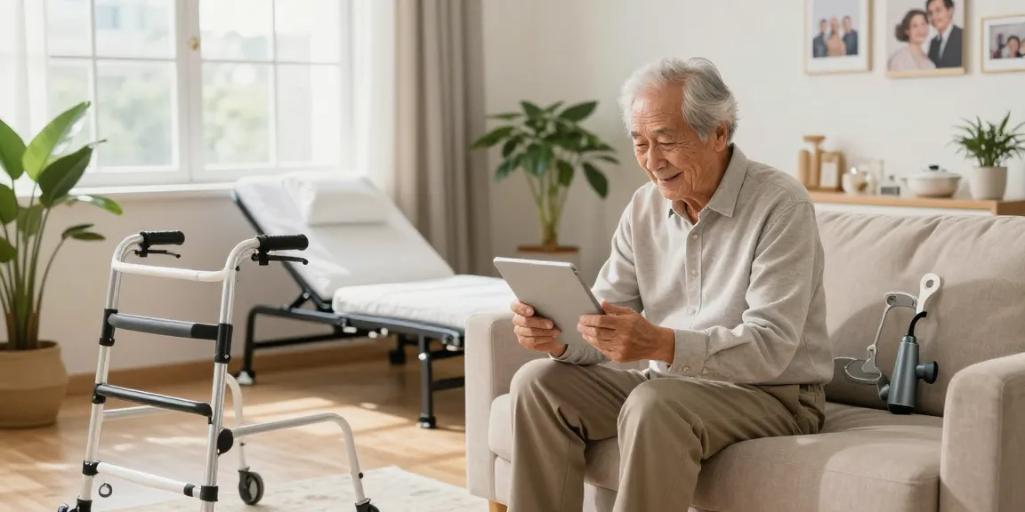 Senior man exploring老人用品 with innovative home products in a cozy living room setting.