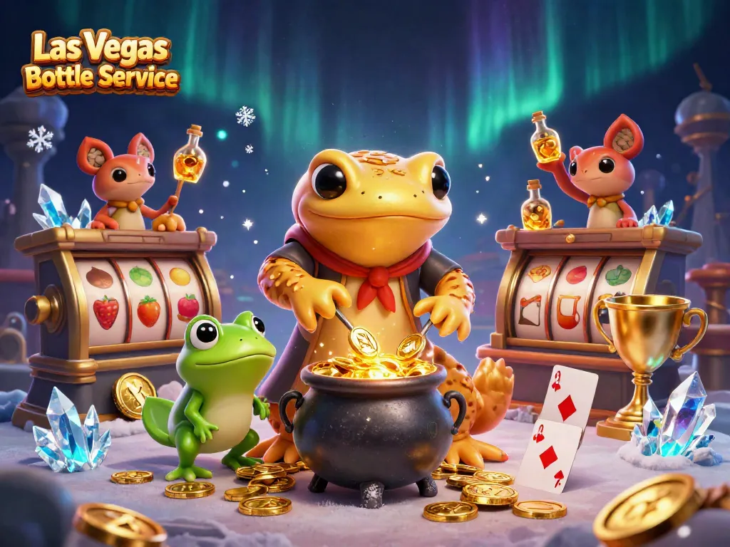 Experience Las Vegas Bottle Service with vibrant 3D illustration showcasing VIP elements and casino excitement.