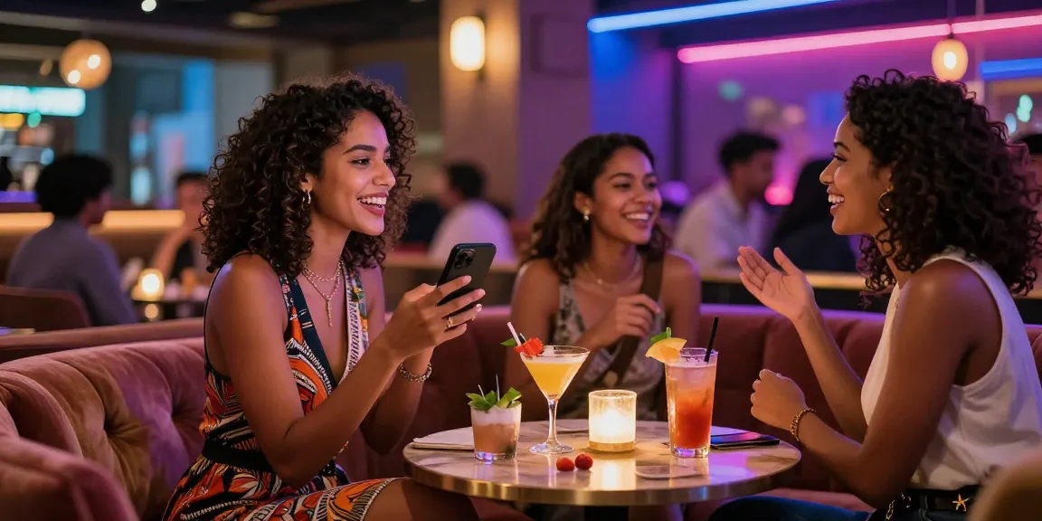 Gái gọi vui vẻ trong không gian đêm sôi động với bạn bè tại quán bar sang trọng.