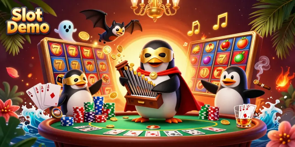 Spin the Slot Demo reels as a phantom opera penguin plays an organ shooting coins.