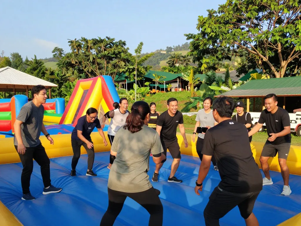 Tim yang terlibat berpartisipasi dalam kegiatan outbound jogja di luar ruangan, menunjukkan kerja sama tim dan kesenangan.