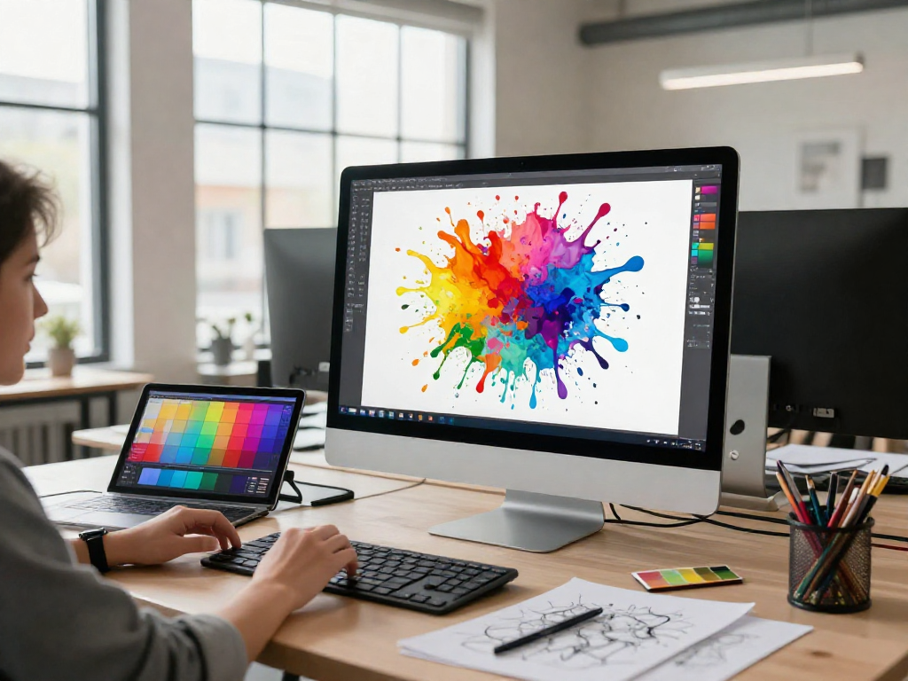 Designer using paint-bucket tool to fill colors in digital art studio.