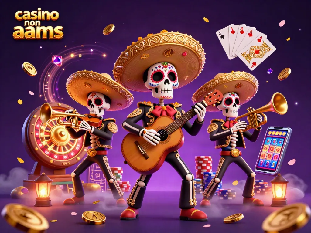 Immagine accattivante casinò non aams con scheletri Dia de los Muertos che suonano musica in un'atmosfera festosa di giochi.