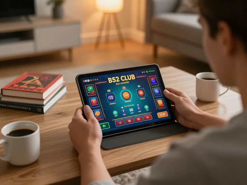 B52 Club player engaging with mobile gaming app in a cozy home setup, enjoying strategic gameplay.