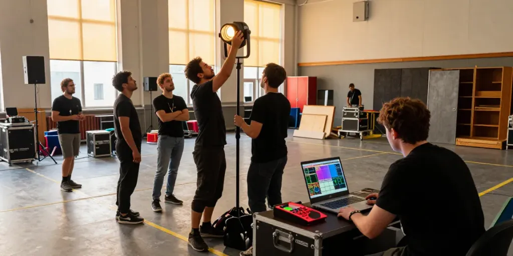 Collaborative scene showcasing theatre tools in action during a technical rehearsal.