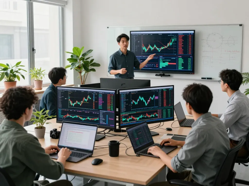 Team analyzing automated crypto income strategies in a modern trading office.