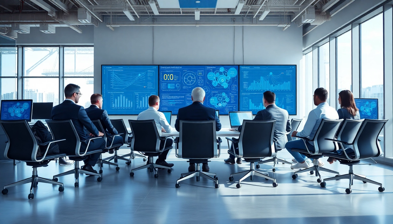 IT infrastructure management team analyzing data and collaborating in a modern workspace.