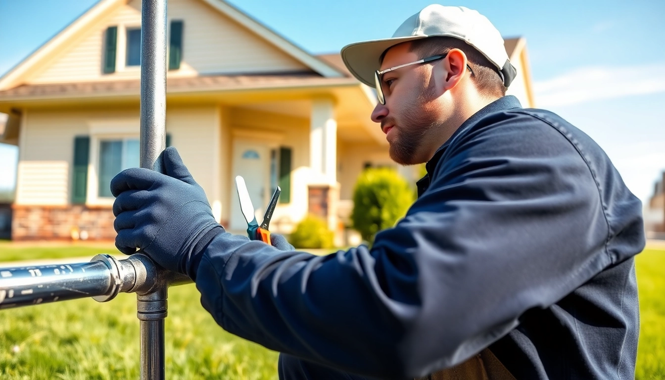 Plumber near me repairing pipes outdoors with professional tools.