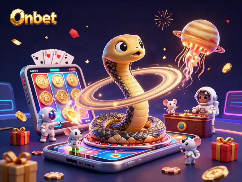 Place bets with Onbet in this cosmic casino scene featuring unique characters and slot games.