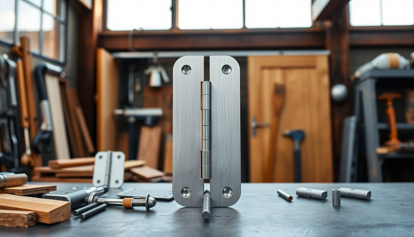 Showcase of Door Hinges Manufacturer's stylish metal hinges in a bright workshop setting.