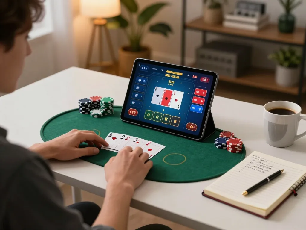 SC88 player strategizing poker bets on a tablet in a cozy home office.