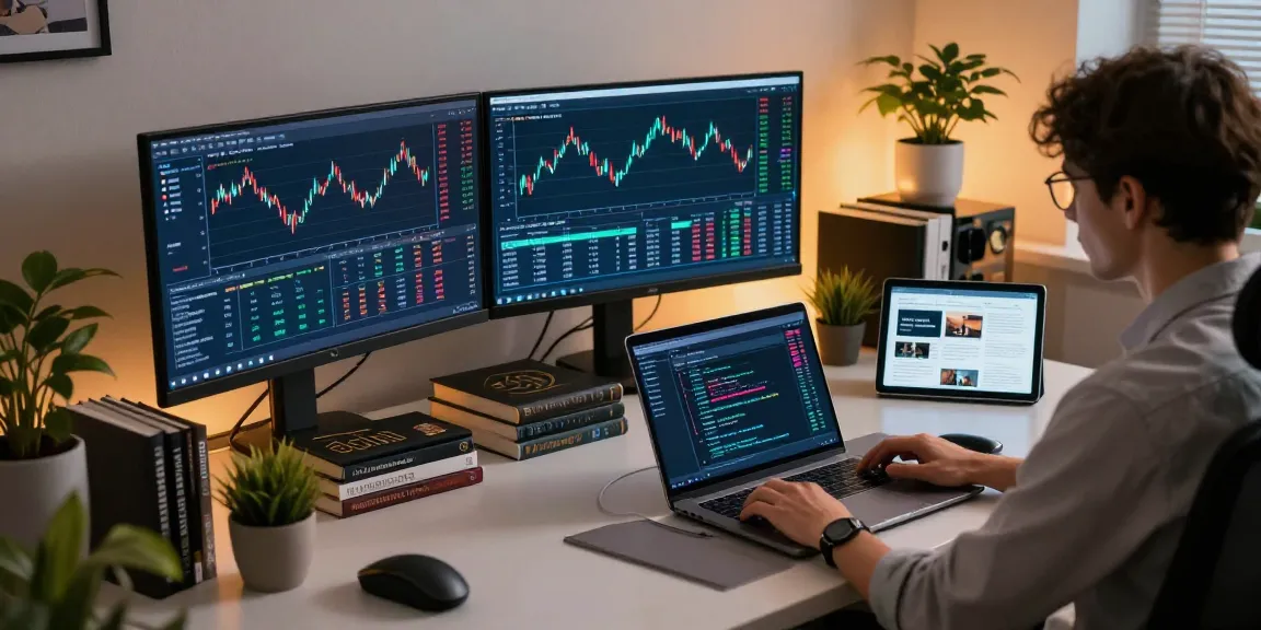 Crypto cloud mining analysis at a modern tech workspace with dual monitors displaying trading data and decentralized finance interfaces