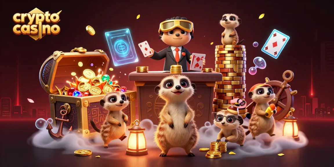 Jouez dans un casino crypto où des suricates gèrent des jeux palpitants avec des éléments blockchain et des pièces dorées.