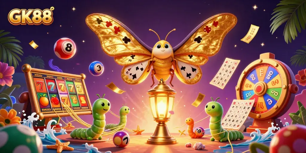 Experience the thrill of GK88 with vibrant casino elements and 3D moth illustrations immersed in dynamic games.