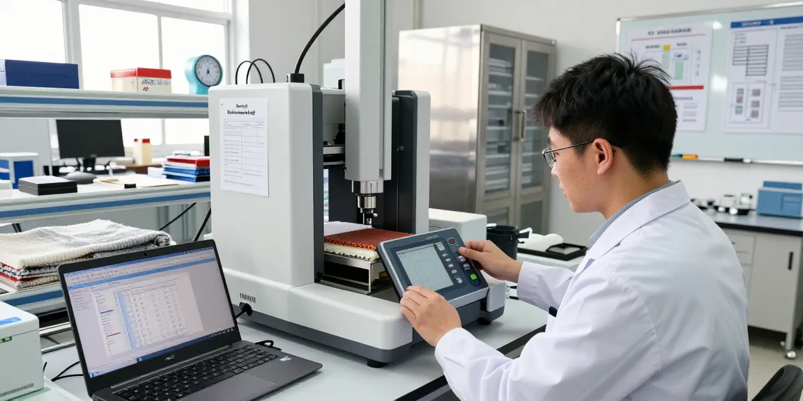 Textile tensile testing equipment in an advanced lab, technician calibrating SmartPull Tester amidst fabric samples and data reports.