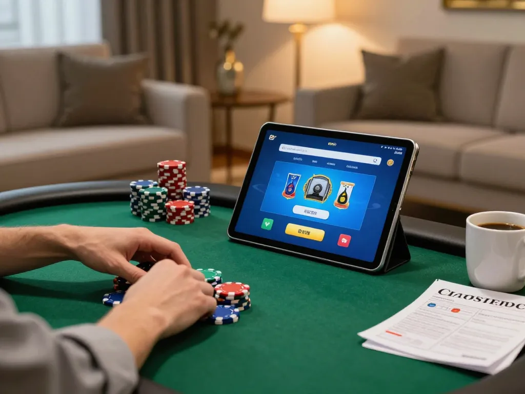 LC88 player strategizing in online poker game with colorful chips in a cozy living room.