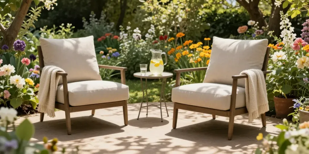 Beautiful Charles Taylor companion seats in a blooming garden context.