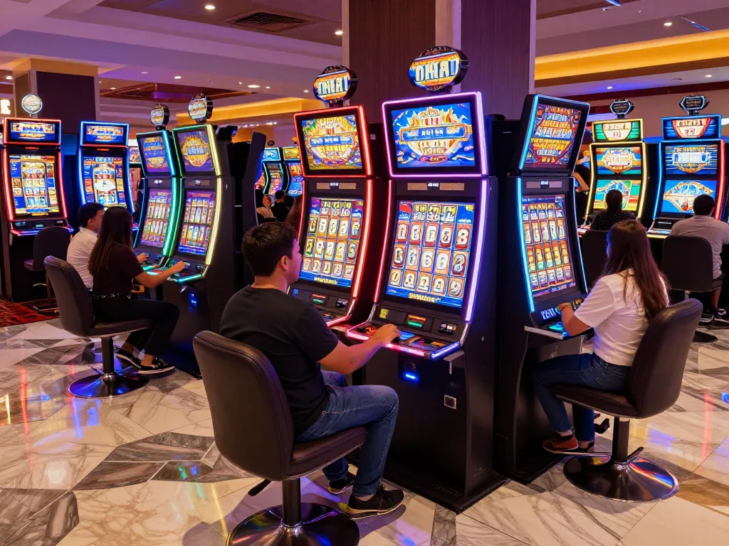 Players enjoying exhilarating slot machine games at mm88 casino, showcasing vibrant displays and excitement.