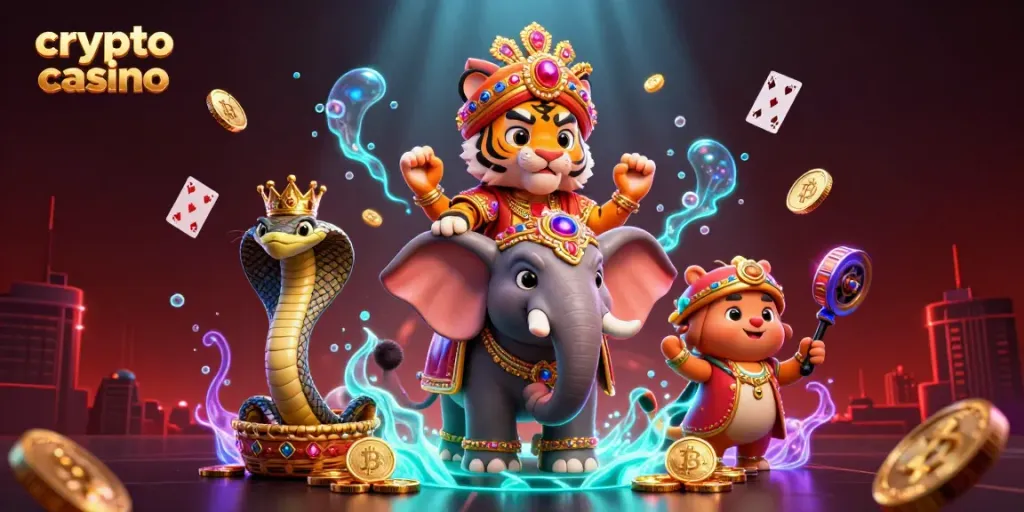 Win big at the crypto casino with a vibrant, fantastical 3D illustration featuring colorful characters and gaming elements.