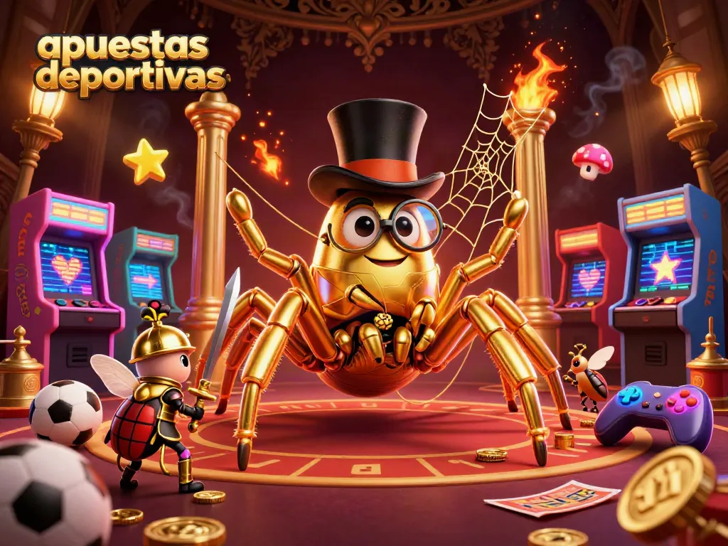 Apostando en apuestas deportivas con la araña dorada, caballero y premios deportivos brillantes