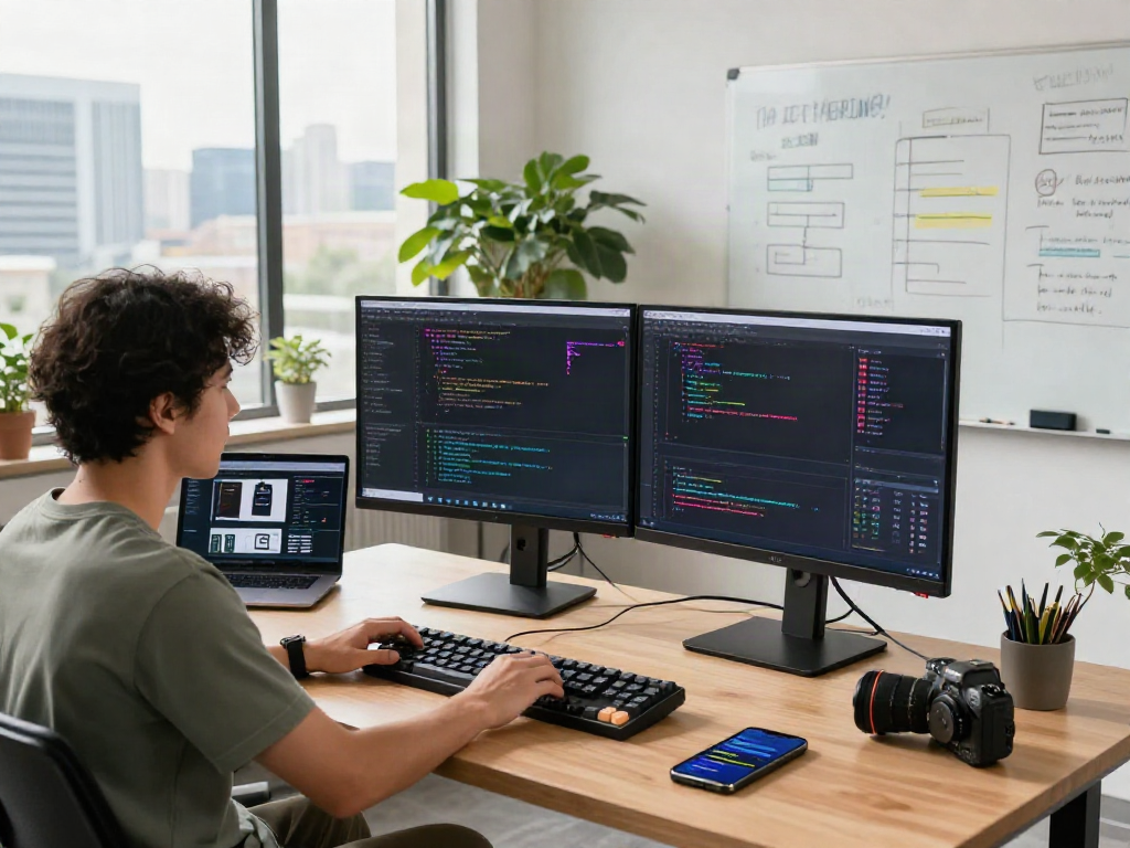 Engineer coding on dual monitors at modern tech workspace focused on bro138 and innovative solutions.