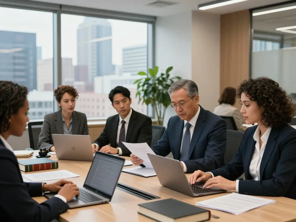 Attorneys United States collaborating in a modern law office, showcasing teamwork and professionalism.