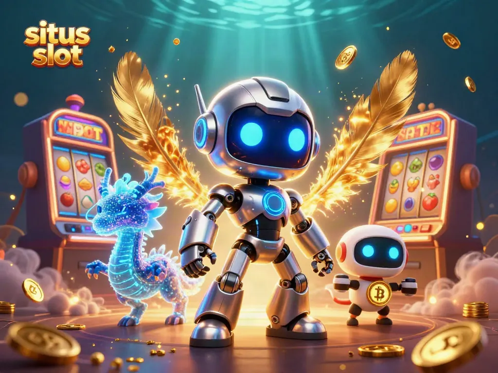 Engage with the situs slot experience, featuring a cyberpunk robot and vibrant slot machine action.