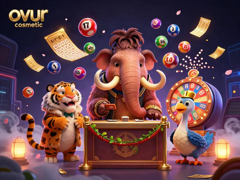 Experience excitement with ovur cosmetic amidst lively lottery balls and glamorous characters.