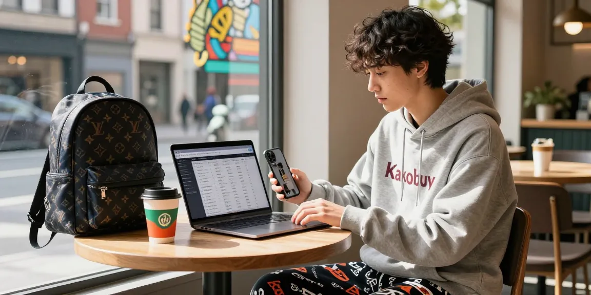 Young adult reviewing the Kakobuy spreadsheet amidst urban café vibes.