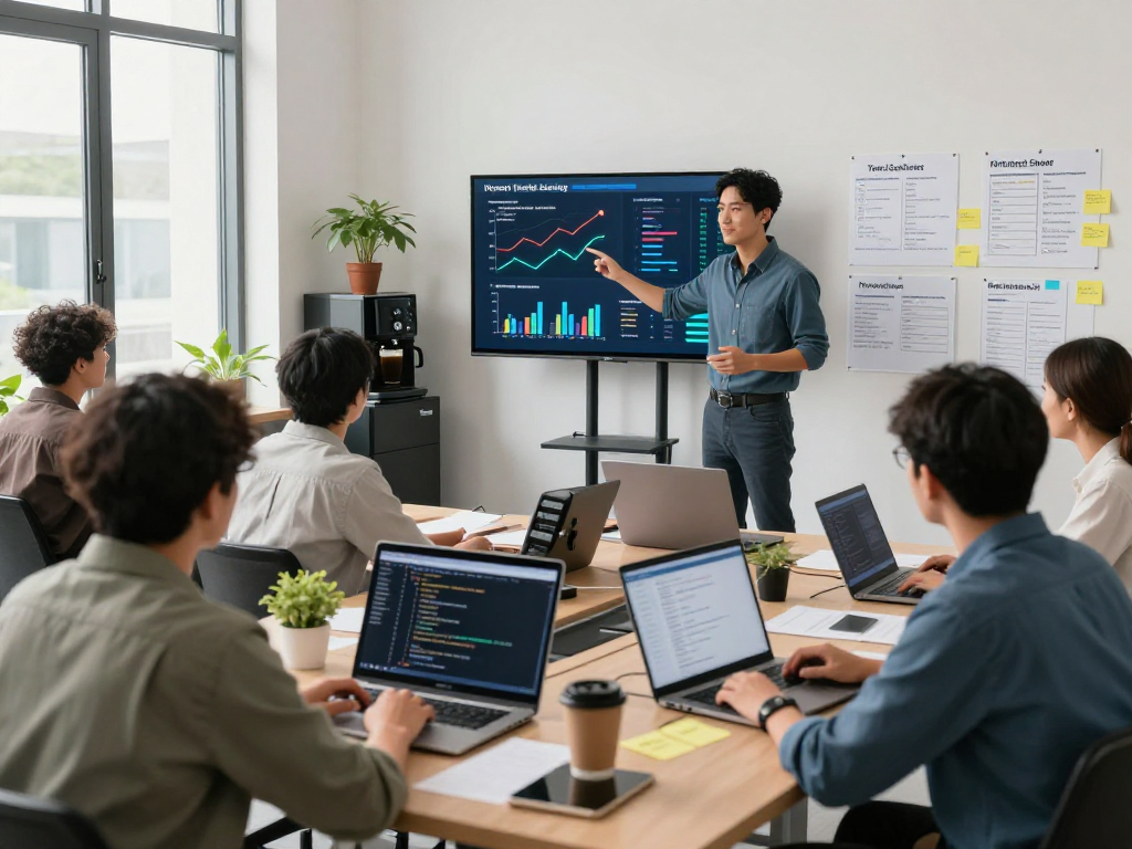 Equipo colaborando sobre hosting en México con gráficas y análisis digitales en un entorno moderno.