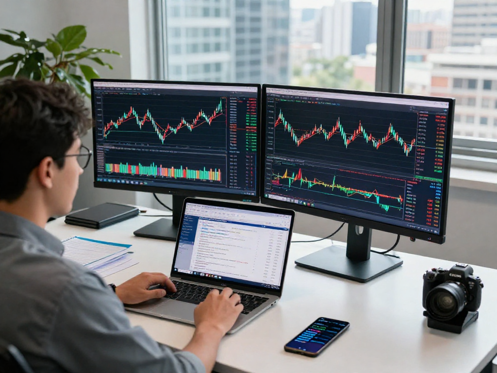 TradingView charts displayed on dual monitors in a modern trading office setting, illustrating technical analysis and trading activity.