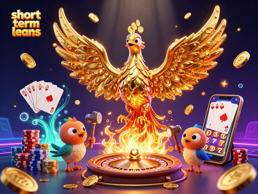 Engage with short term loans through a vibrant 3D illustration of golden phoenix and gaming symbols
