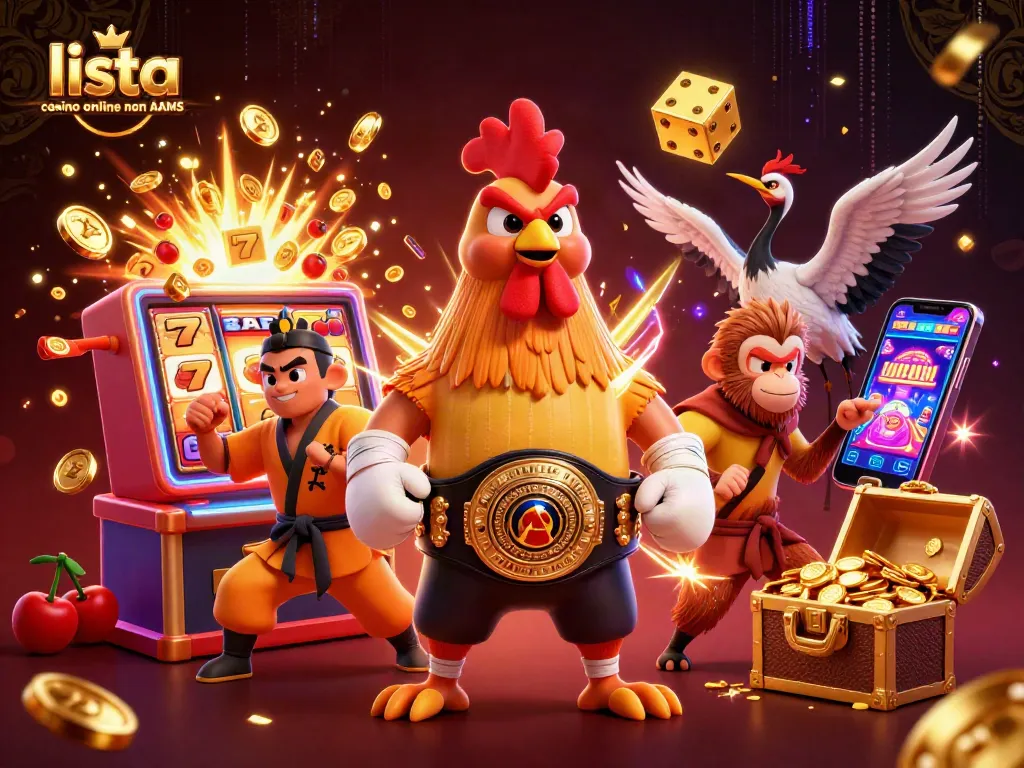 Scopri la lista casino online non AAMS con un'intensa illustrazione 3D di giochi e personaggi.
