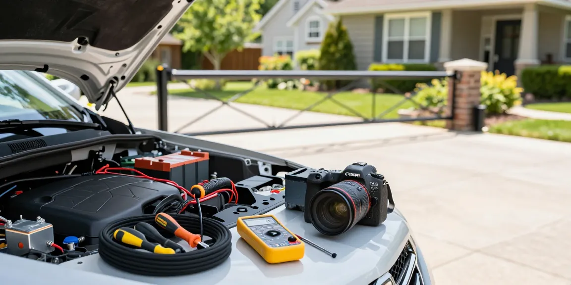Mighty Mule gate opener troubleshooting in a residential setting with homeowner inspecting the unit for repairs.