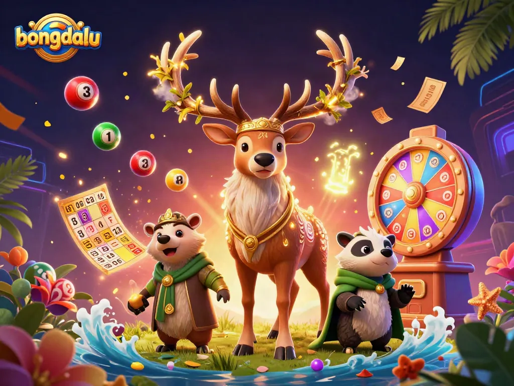 Bongdalu presents a vibrant scene of gambling excitement with a druid stag, badger, and dynamic lottery elements.