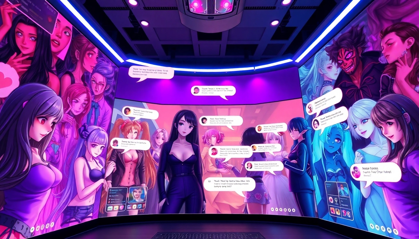 Immersive scene of NSFW AI characters in a modern chatting interface, showcasing vibrant engagement.