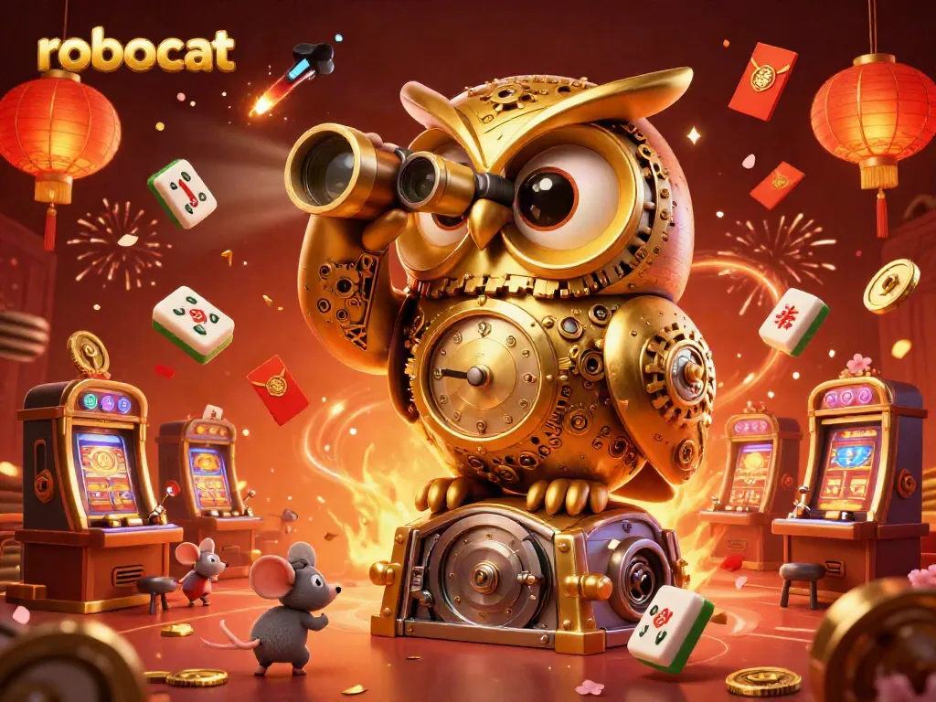 Engage with robocat-themed casino fun amidst golden owl and lively slot machines in vibrant 3D illustration.