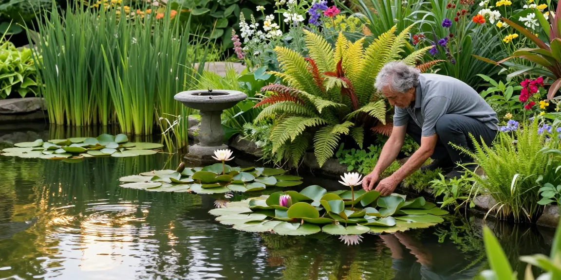 Pond Plants arranged beautifully in a tranquil garden pond, showcasing vibrant water lilies and lush greenery surrounding the water.