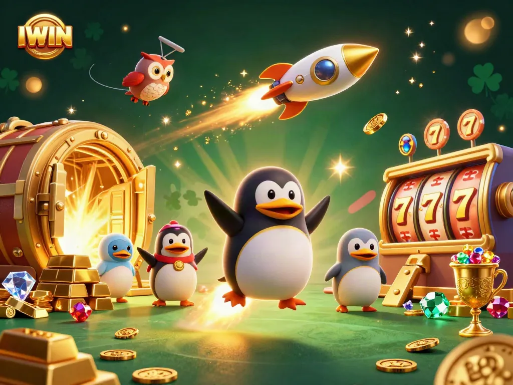 IWIN casino adventure with a golden penguin, jackpot slots, and treasure in vibrant 3D artwork