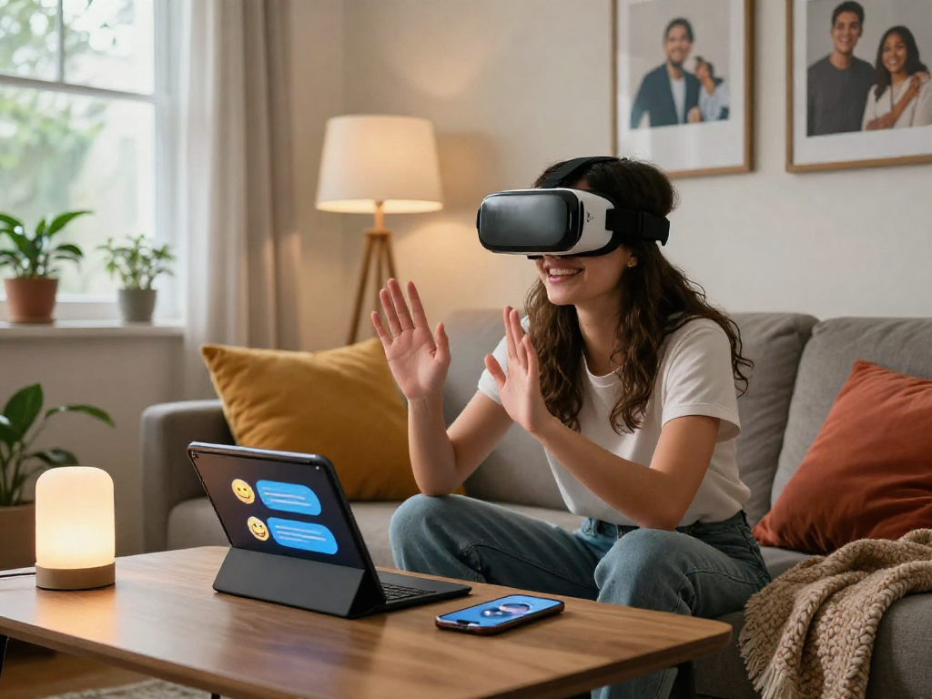 A young woman enjoying time with her AI girlfriend in a cozy living room, immersed in virtual reality.