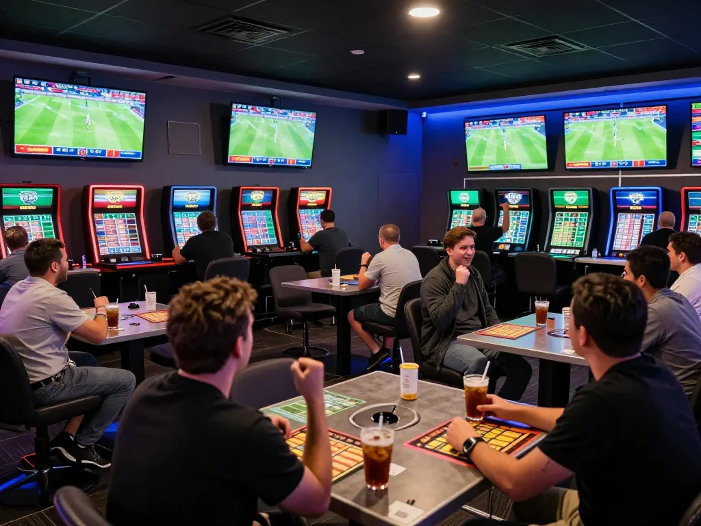 Engaged sports bettors at s666 lounge cheering for live matches on multiple screens.