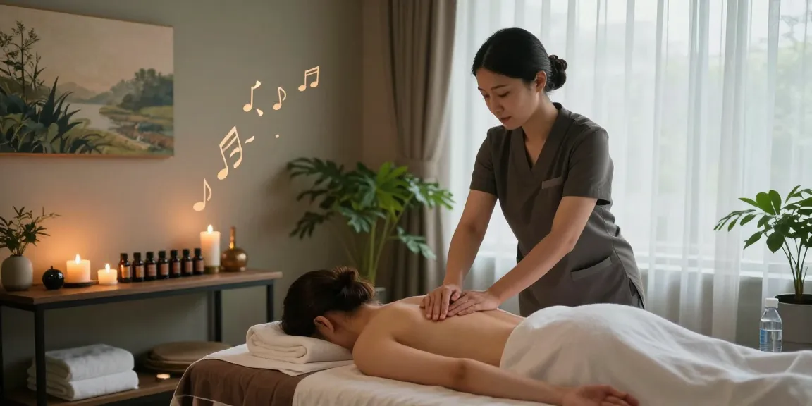 스웨디시 마사지가 이루어지는 편안한 스파 환경, 아로마 테라피와 조명으로 아늑한 분위기를 연출