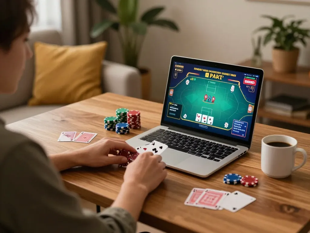 Engaging online poker session on a laptop, showcasing sc88 gameplay with cozy home atmosphere