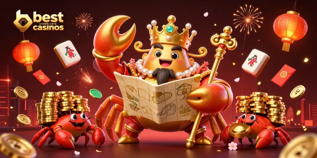 Experience the thrill at the best credit card casinos with our cartoon king crab amidst vivid gaming elements.