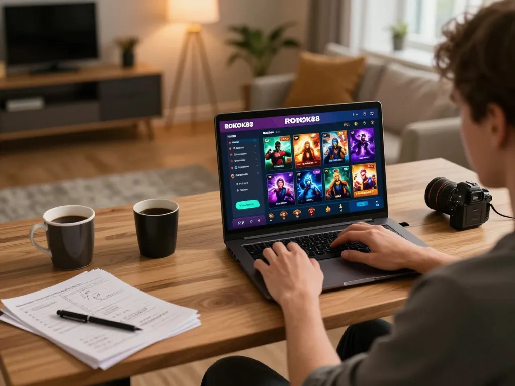 Player engaging with ROKOK88 online gaming platform on laptop in a cozy home setting.