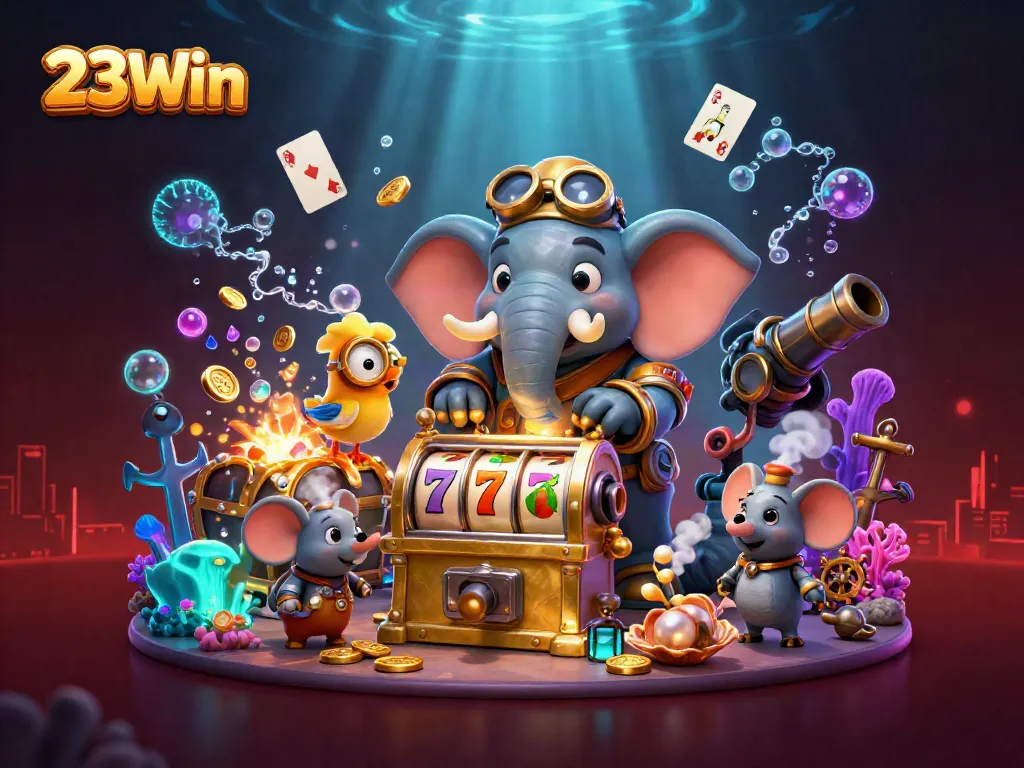 Engage in thrilling slots with 23Win's steampunk elephant engineer operating a golden machine.