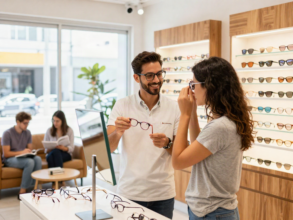 Clientes experimentando óculos modernos na Ótica Avaré com atendimento personalizado.