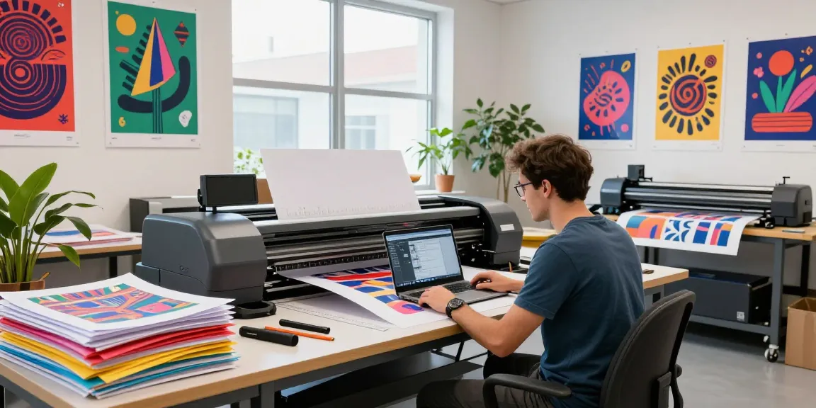 Creating vibrant poster printer machines in a busy print shop environment.