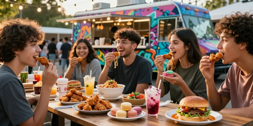 Millennials enjoying viral dishes at ROKOK88 food truck surrounded by vibrant street art.
